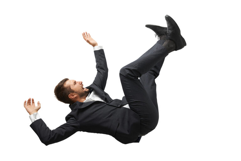 Falling And Screaming Businessman In Formal Wear Over White Back Skip